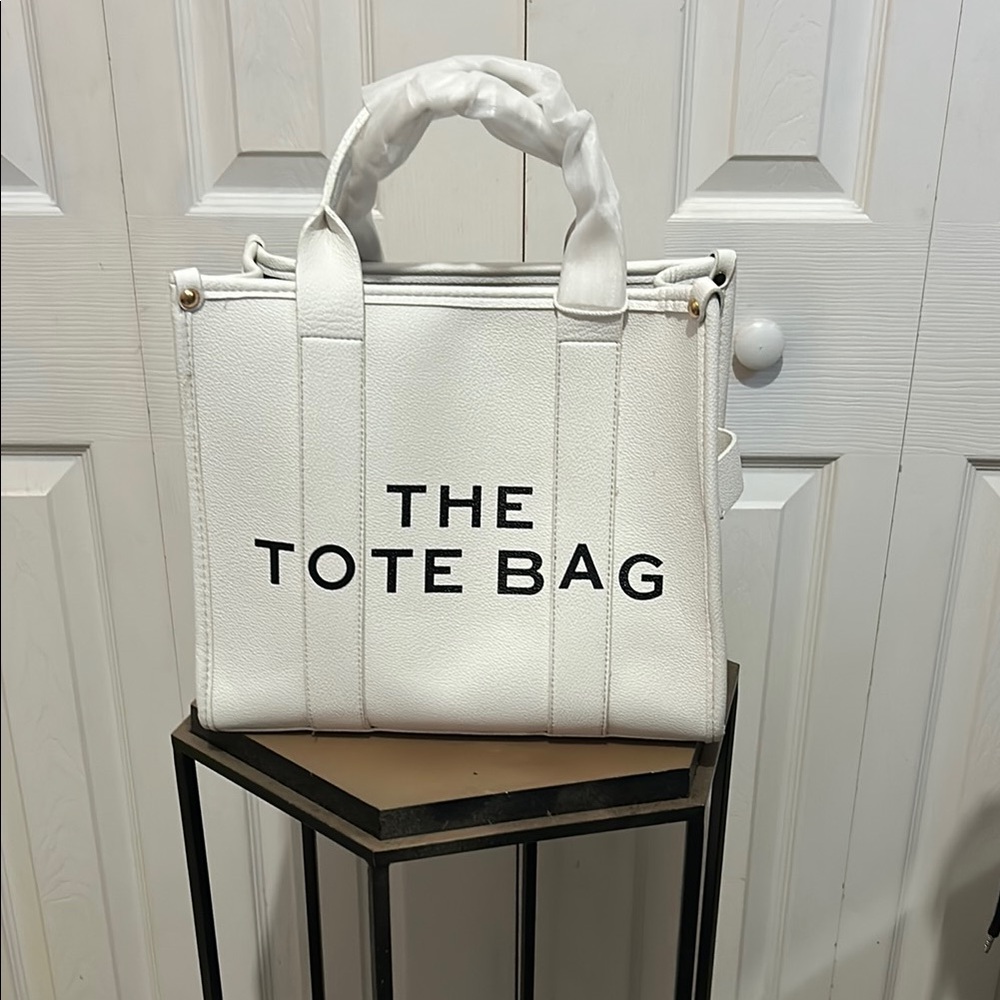 White Canvas imitation Tote Bag with Bold Text